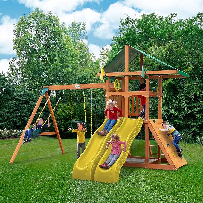 Gorilla Playsets 01-1070-Y Outing Wood Swing Set with Green Vinyl Canopy and Yellow Dual Alpine Slides, Natural Cedar