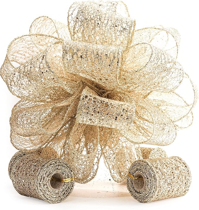 CT CRAFT LLC Champagne Gold Glitter Mesh Christmas Tree Topper Bow 11" with 4 Ribbon Streamers x 3 Yards Long Each for Holidy Elegant Fancy Home Décor Indoor