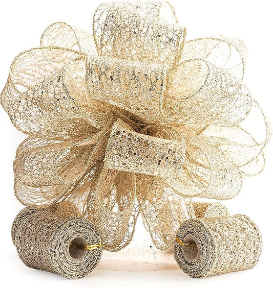 CT CRAFT LLC Champagne Gold Glitter Mesh Christmas Tree Topper Bow 11" with 4 Ribbon Streamers x 3 Yards Long Each for Holidy Elegant Fancy Home Décor Indoor