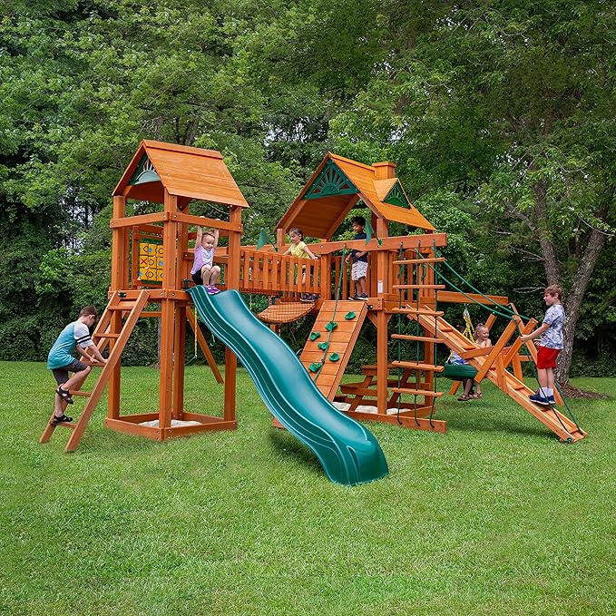 Gorilla Playsets 01-0006-AP Pioneer Peak Wood Swing Set with Wood Roof, Tire Swing, Clatter Bridge and Tower, Ramp, Slide, Two Swings, Amber