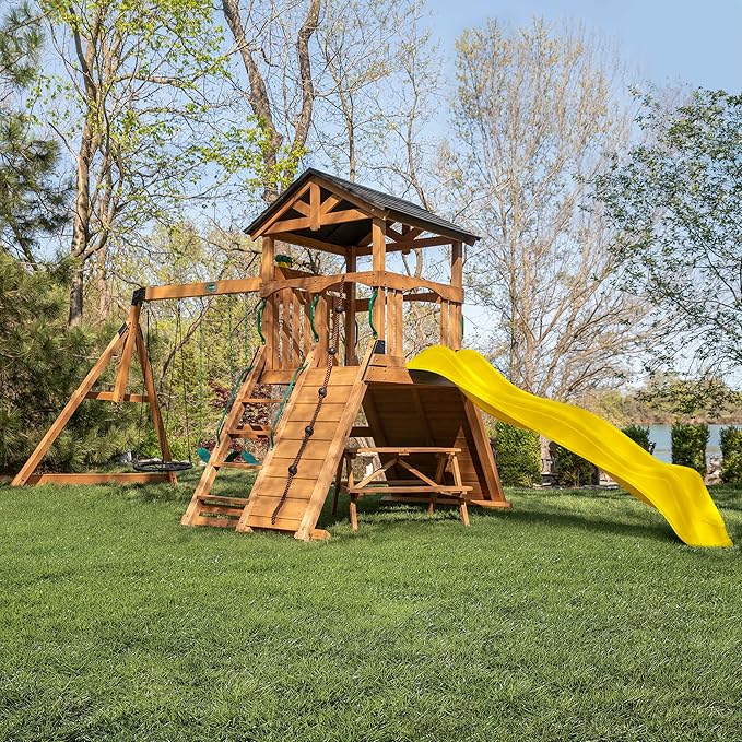 Backyard Discovery Endeavor II Cedar Wood Swing Set with Wave Slide, Play Deck, Double Rock Wall, Picnic Table, Climbing Wall, Belt Swings, Web Swing, Toy Telescope, Step Ladder, Outdoor Playset