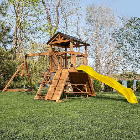 Backyard Discovery Endeavor II Cedar Wood Swing Set with Wave Slide, Play Deck, Double Rock Wall, Picnic Table, Climbing Wall, Belt Swings, Web Swing, Toy Telescope, Step Ladder, Outdoor Playset