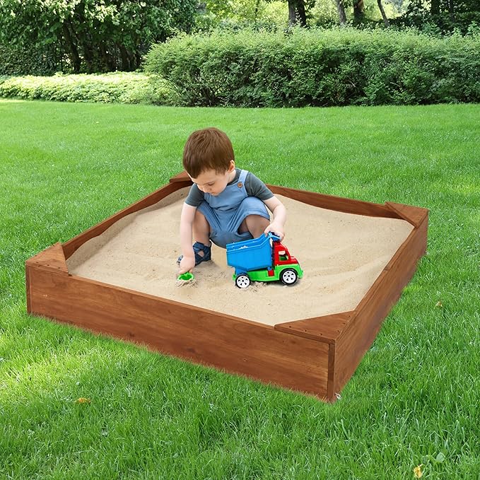Badger Basket Wooden Sandbox for Kids - Outdoor Sand Box with Bench, Cover & Liner - Durable Backyard Playset for Toddlers (46.5 x 46.5 x 8.75)