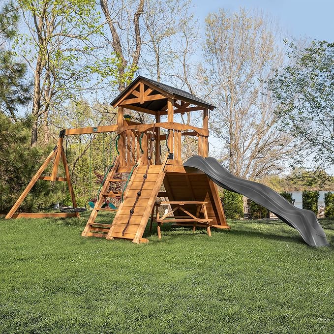 Backyard Discovery Endeavor II Cedar Wood Swing Set with Wave Slide, Play Deck, Double Rock Wall, Picnic Table, Climbing Wall, Belt Swings, Web Swing, Toy Telescope, Step Ladder, Outdoor Playset
