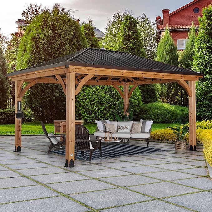Backyard Discovery Barrington 16' x 12' Cedar Wood Outdoor Gazebo Pavilion with Hardtop Galvanized Steel Hip Roof, Snow Support, Wind Resistance, PowerPort, Shade for Garden, Patio, Deck, Entertaining
