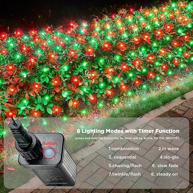 BlcTec Upgraded Outdoor Christmas Lights 280LED 10ft x 6.7ft Christmas Net Lights with UL Certified, 8 Modes, Timer, Connectable, Waterproof & Thick Wire for Bushes, Shrubs Decorations, Red Green