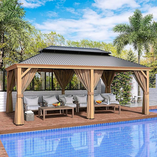 HAPPATIO 12' x 20' Hardtop Gazebo, Outdoor Wood Grain Aluminum with Galvanized Steel, Patio Double Roof Permanent Metal Gazebo Canopy with Netting and Curtains for Backyard, Patio, Deck (Brown)