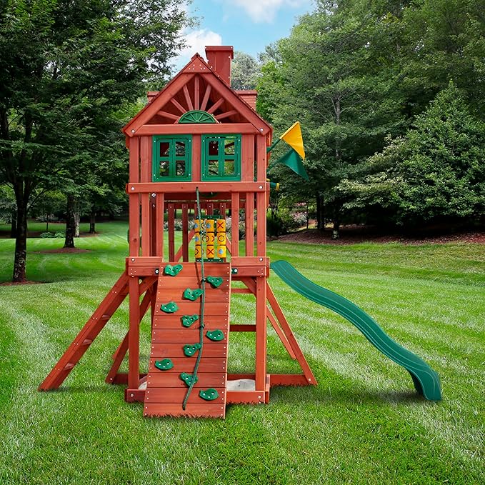Gorilla Playsets Spring Creek Wooden Swing Set with Wood Roof, Slide, Swings, and Climbing Wall