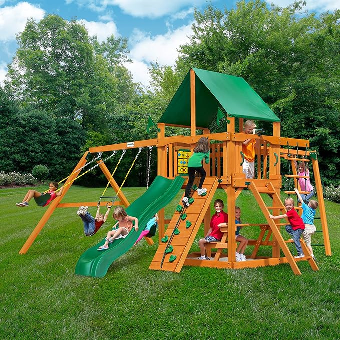 Gorilla Playsets 01-0020-AP-1 Navigator Wooden Swing Set with Deluxe Green Vinyl Canopy, Monkey Bars, Swings, and Slide, Brown