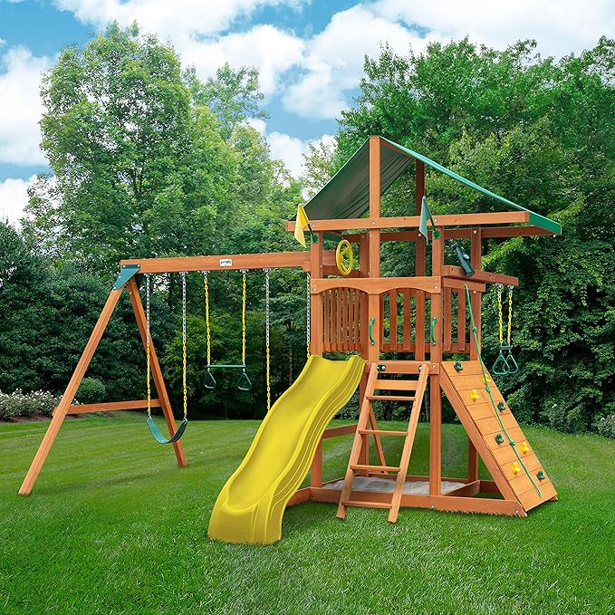 Gorilla Playsets 01-1064-Y Outing Wood Swing Set with Green Vinyl Canopy and Trapeze Arm - Yellow Slide