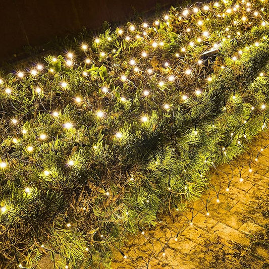 Dazzle Bright Christmas 200 LED Net Lights, 9.8FT x 6.6FT Green Wire Connectable Mesh Lights with 8 Modes, Christmas String Lights for Xmas Indoor Outdoor Garden Party Decorations (Warm White)