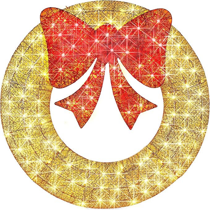 Best Choice Products 36in Pre-Lit Outdoor Christmas Wreath Decoration, LED Metal Holiday Decor for Home w/ 120 Lights, Bow - Gold/Red
