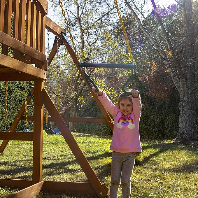 Gorilla Playsets 01-1066-Y Outing Wood Swing Set with Wood Roof and Trapeze Arm - Yellow Slide