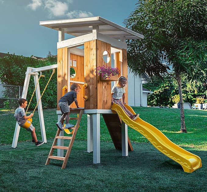 Avenlur Modern Outdoor Backyard Swing Set Children's Rock Climbing Wood Playground Playset 2 Belt Swings, Clubhouse Fort, Windows, Ladder, Wavy Slide Toddlers, Kids Climbers Play Adventure Rock 3-11yr