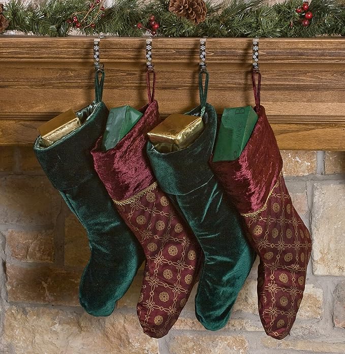 Haute Decor The Original MantleClip Stocking Holder- 4 Pack (Silver with White Snowflakes) - Hang Christmas Stockings Safely and Securely from Mantels Up to 3 Inches Thick