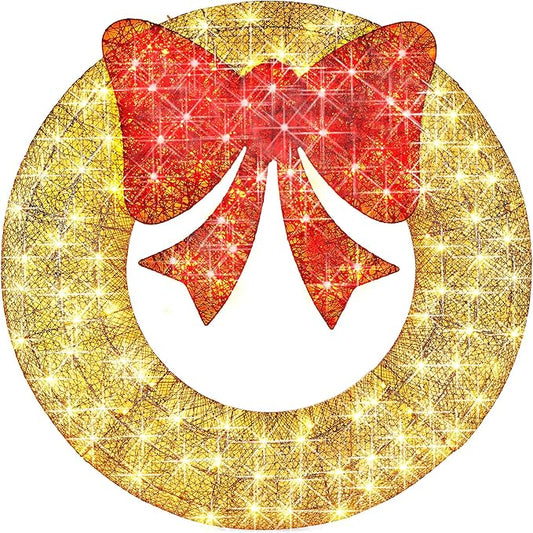 Best Choice Products 30in Pre-Lit Outdoor Christmas Wreath Decoration, LED Metal Holiday Decor for Home w/ 100 Lights, Bow - Gold/Red