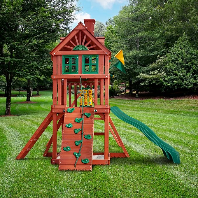 Gorilla Playsets Spring Creek Deluxe Wooden Swing Set with Wood Roof, Two Slides, Swings, and Climbing Wall