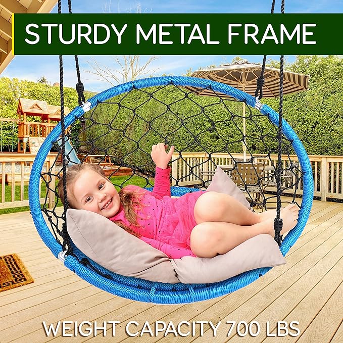 SereneLife Hanging Netted Seat Swing - 35.5 Inch Kids Indoor Outdoor Yard Round Circle Saucer Swing for Trees or Swing Sets - All Season UV Resistant Rope Swing Net Seat - SLSWNG125