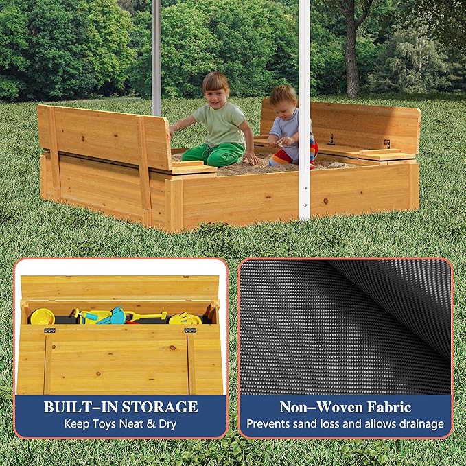 Kids Sandbox with Lid, Wooden Sand Box with Cover Adjustable Canopy, Storage,and Bottom Liner, for Backyard Outdoor Playgrounds Equipment Ages 4-8