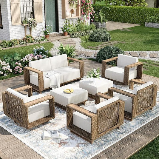 Outdoor Patio Furniture Set, 8 Piece Outdoor Rattan Wicker Couch, Conversation Sets with 2 Swivel Sofas, 2 Leg Sofa, 2 Armchairs and 2 Ottomans for Deck Backyard Lawn