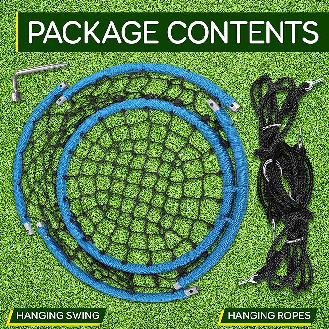 SereneLife Hanging Netted Seat Swing - 35.5 Inch Kids Indoor Outdoor Yard Round Circle Saucer Swing for Trees or Swing Sets - All Season UV Resistant Rope Swing Net Seat - SLSWNG125